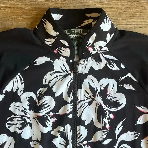 Lauren Ralph Lauren Active Floral Jacket L Full Zip Black Athletic Golf Preppy - Picture 3 of 6